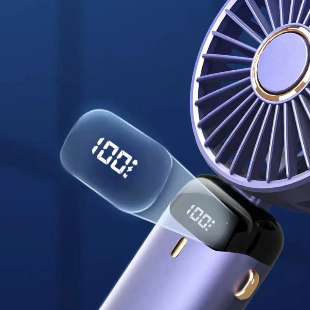 Portable fan with digital display on a dark blue background