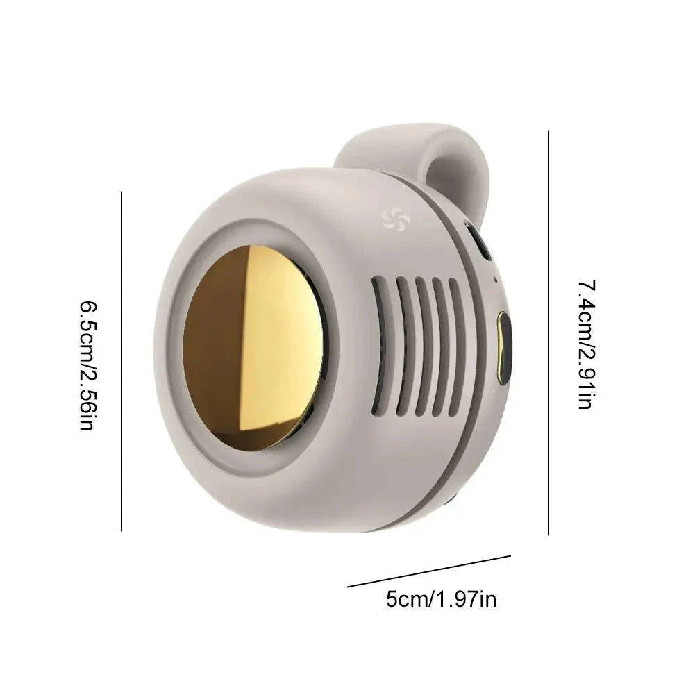 Gray electronic fan with gold interior and measurements on a white background