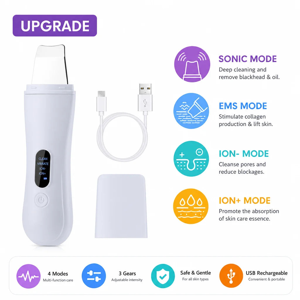 Ultrasonic Skin Scrubber Skin Spatula Ion Deep Face Cleaning 4 Modes Facial Lifting Ultrasonic Cleaner Peeling Skin Care Device