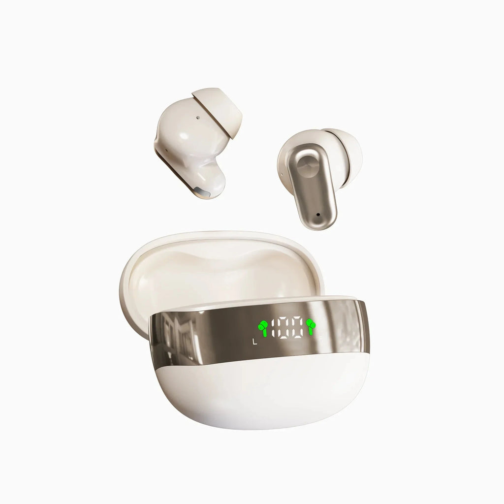 Wireless earbuds with charging case on a white background