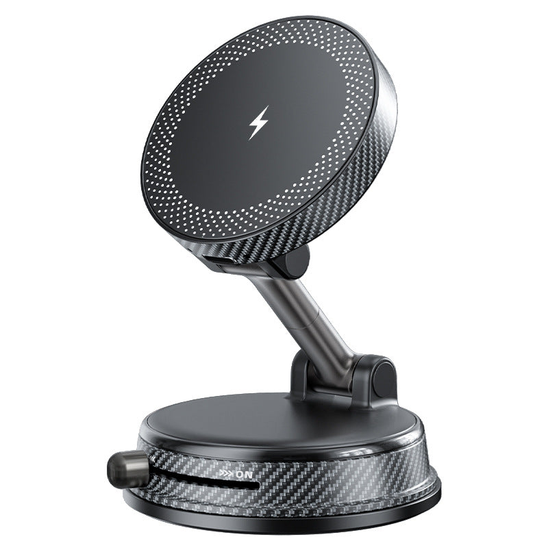 Car phone mount with carbon fiber texture on a white background