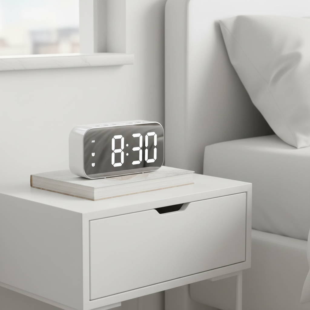 White silver mirror LED digital voice control alarm clock on a modern white nightstand in a bright Scandinavian bedroom