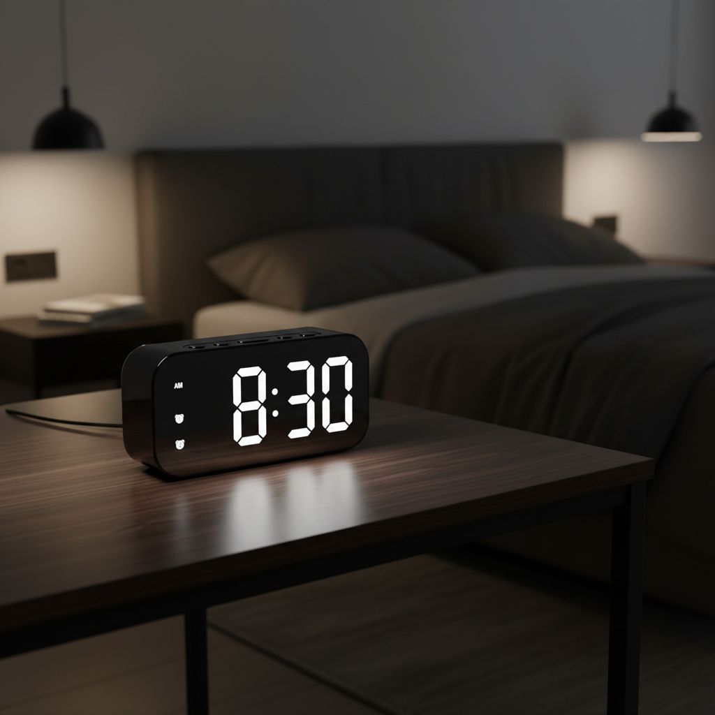 Black mirror LED digital voice control alarm clock on a sleek dark wooden desk in a moody modern bedroom