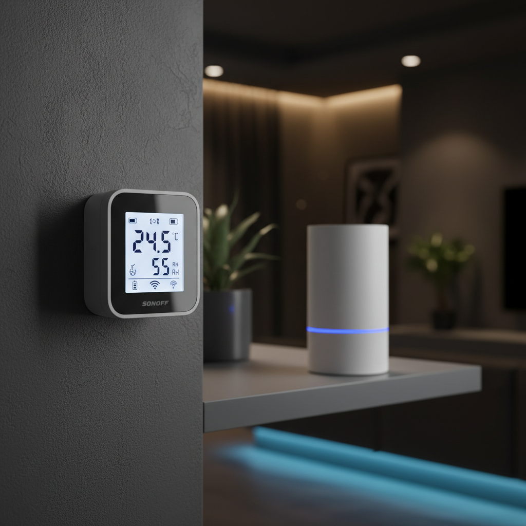 SONOFF SNZB-02D mounted in smart home setting